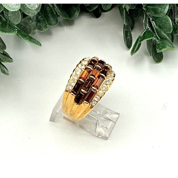Vintage Style Gold-Tone Band Ring With Brown & Clear Rhinestones - Picture 8 of 8